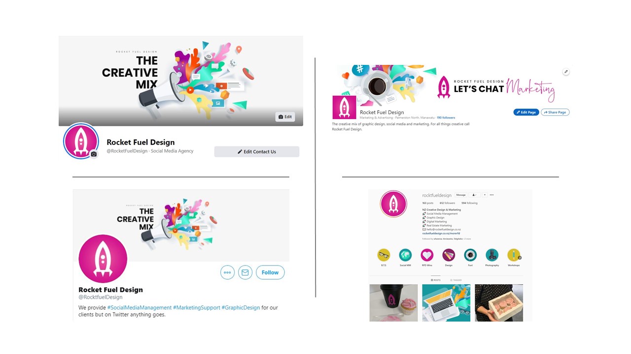 Collage of Rocket Fuel Design's social media planform profile pages