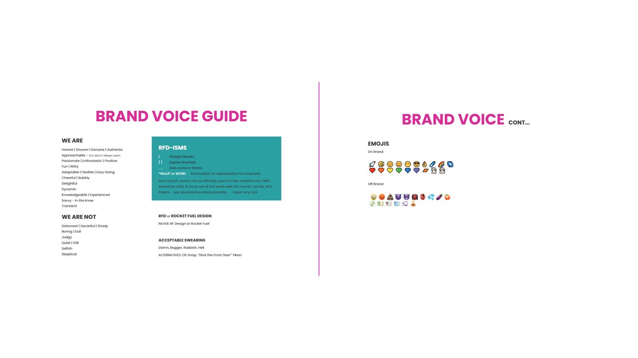 RFD Brand Voice Guide showing off what words and emojis are okay and not okay to use. E.g. Rocket ship emoji is okay, but eggplant isn't